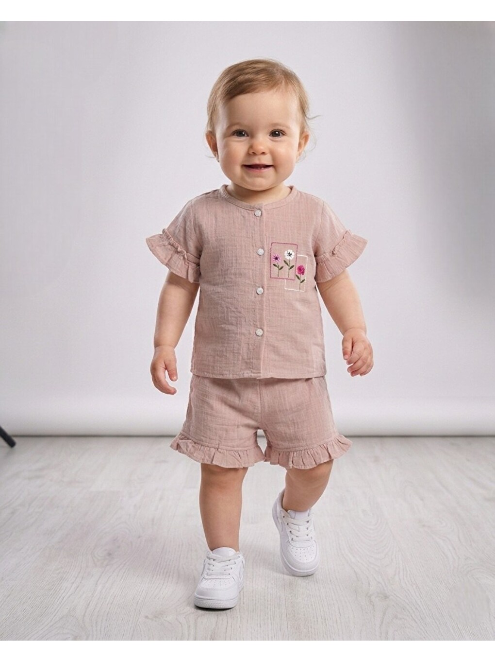 Pembe Kız Bebek Yazlık Müslin Çiçek Nakışlı Şortlu, Gömlekli 6-9-12-18-24 Aylık Bayramlık Bebek Takımı