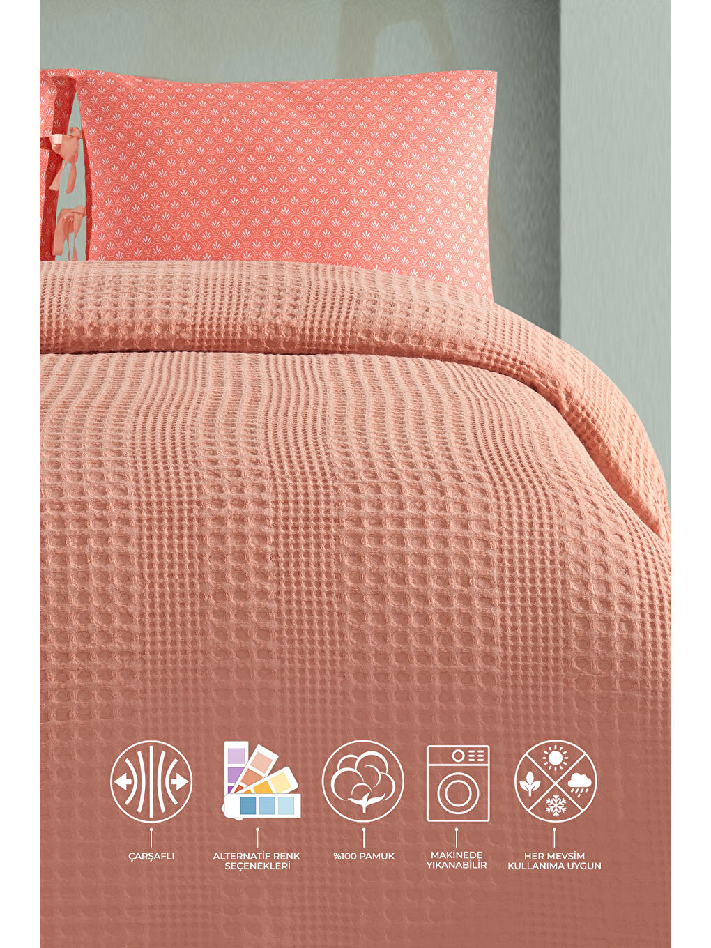 Pembe Silvia Pike Seti Çift Kişilik (220x240 cm) Somon-1