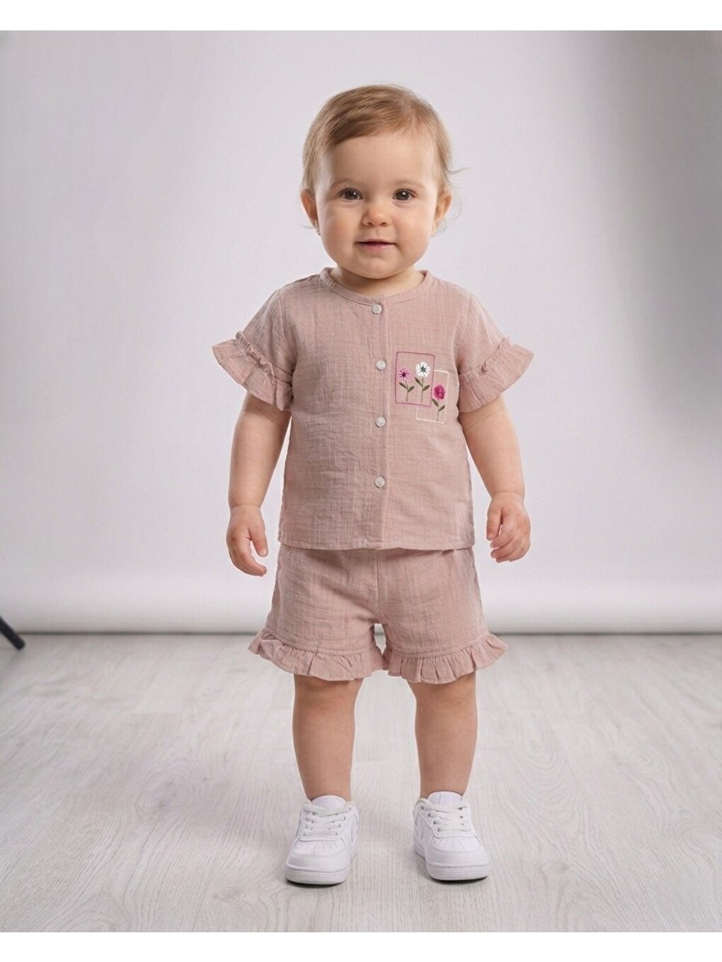 Pembe Kız Bebek Yazlık Müslin Çiçek Nakışlı Şortlu, Gömlekli 6-9-12-18-24 Aylık Bayramlık Bebek Takımı-1