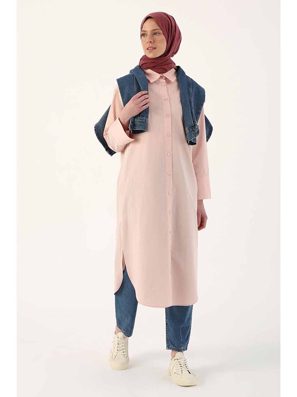Pembe Pudra %100 Pamuk Yırtmaçlı Uzun Gömlek Tunik