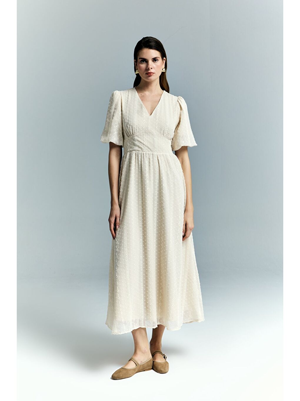 Kabarık Kollu Uzun Elbise - Bej-4