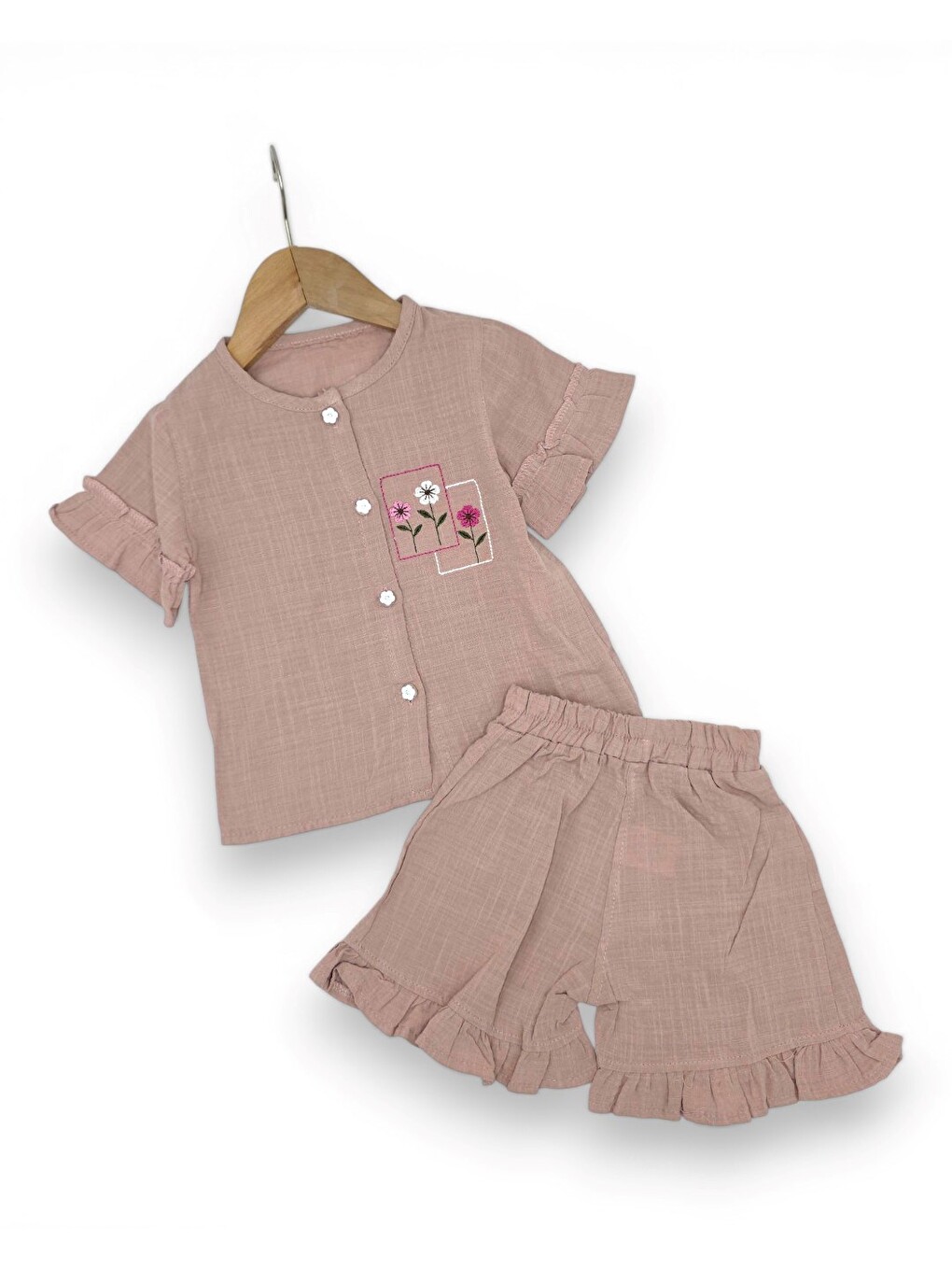 Pembe Kız Bebek Yazlık Müslin Çiçek Nakışlı Şortlu, Gömlekli 6-9-12-18-24 Aylık Bayramlık Bebek Takımı-2