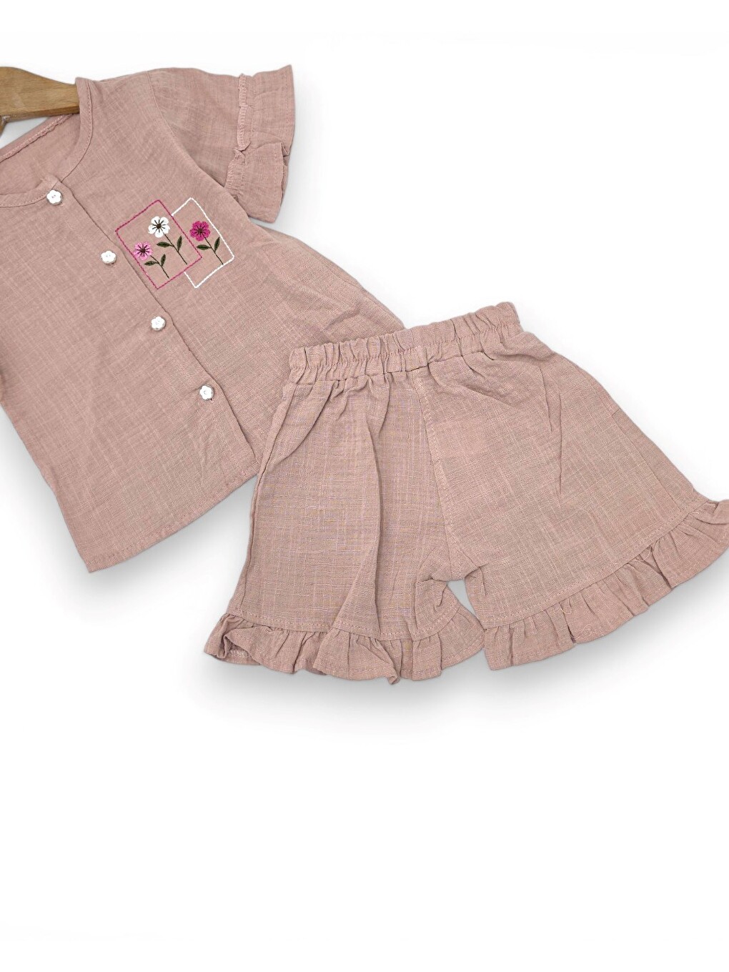 Pembe Kız Bebek Yazlık Müslin Çiçek Nakışlı Şortlu, Gömlekli 6-9-12-18-24 Aylık Bayramlık Bebek Takımı-4