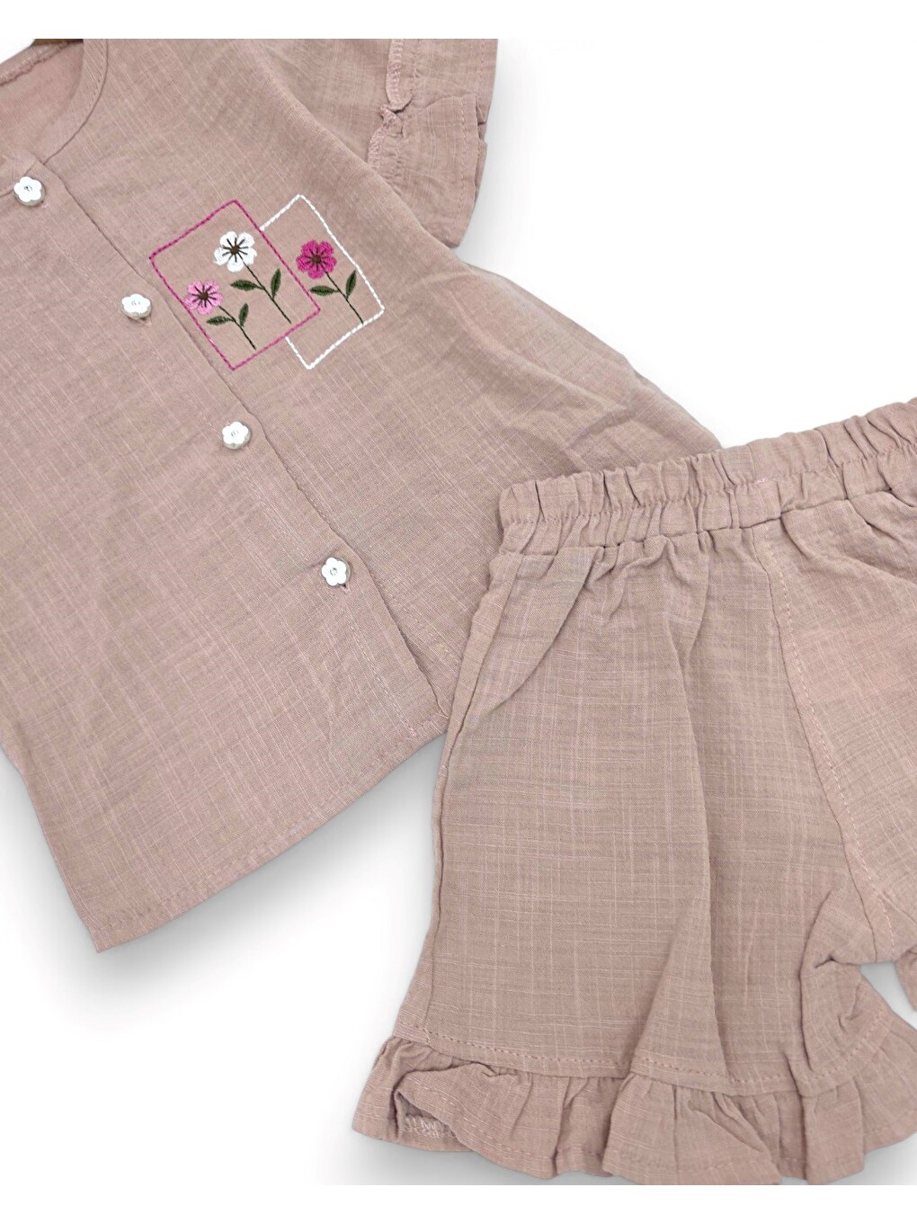 Pembe Kız Bebek Yazlık Müslin Çiçek Nakışlı Şortlu, Gömlekli 6-9-12-18-24 Aylık Bayramlık Bebek Takımı-5
