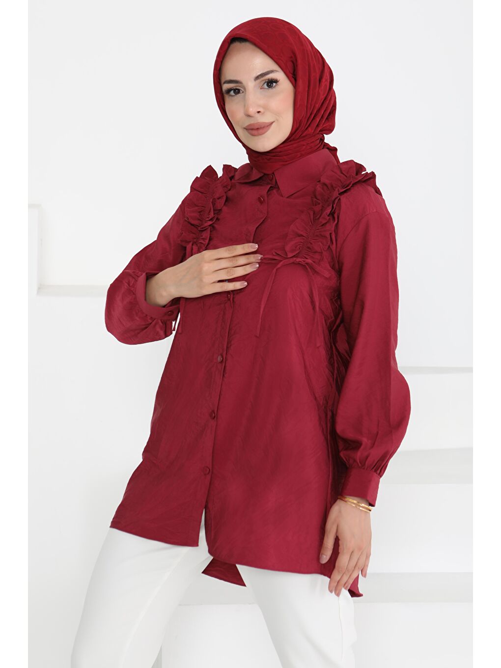 Fırfır Detaylı Tunik Bordo - 27274-1