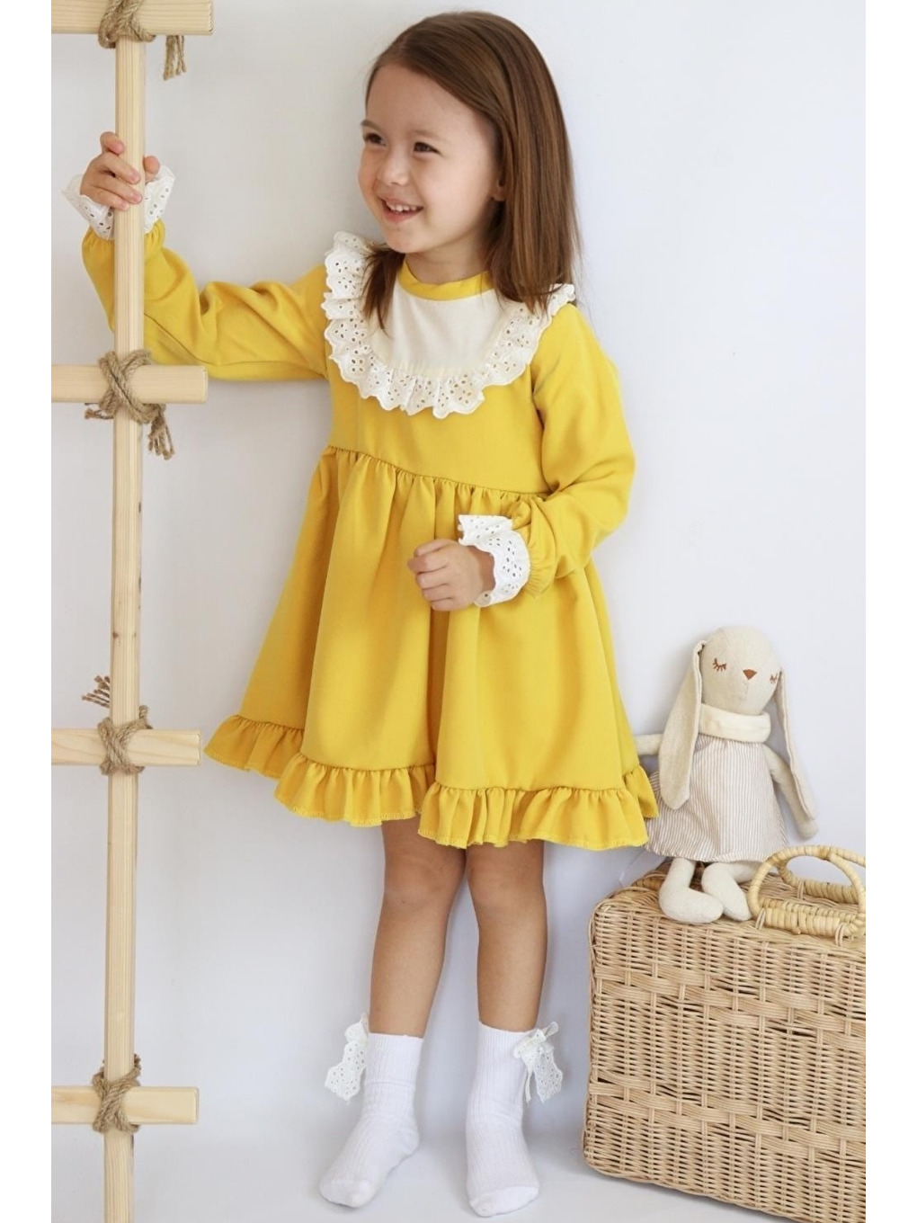 Sarı Kız Çocuk Ruby Hardal Uzun Kollu Dantel Detaylı Fırfırlı Elbise-6
