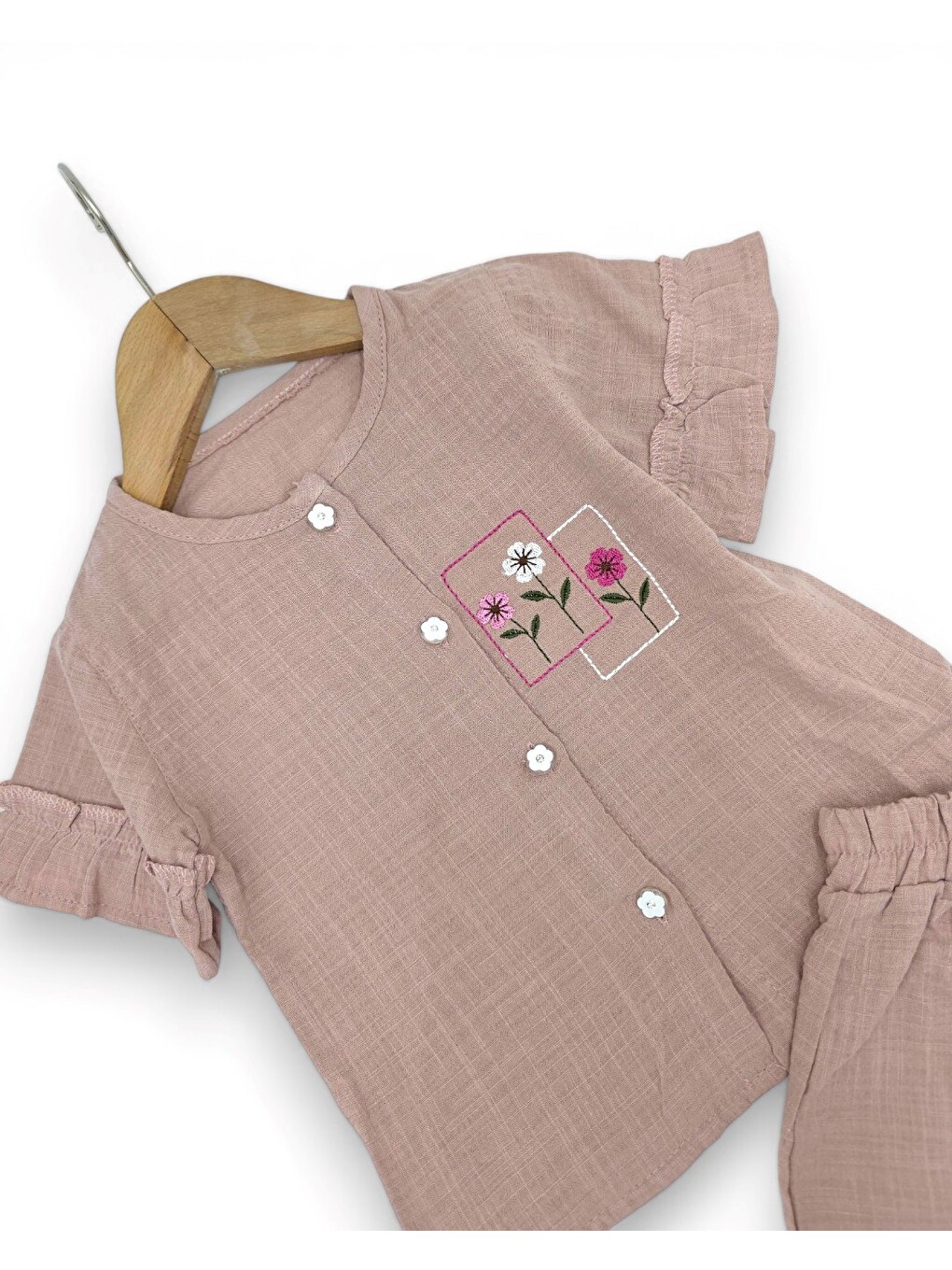 Pembe Kız Bebek Yazlık Müslin Çiçek Nakışlı Şortlu, Gömlekli 6-9-12-18-24 Aylık Bayramlık Bebek Takımı-6