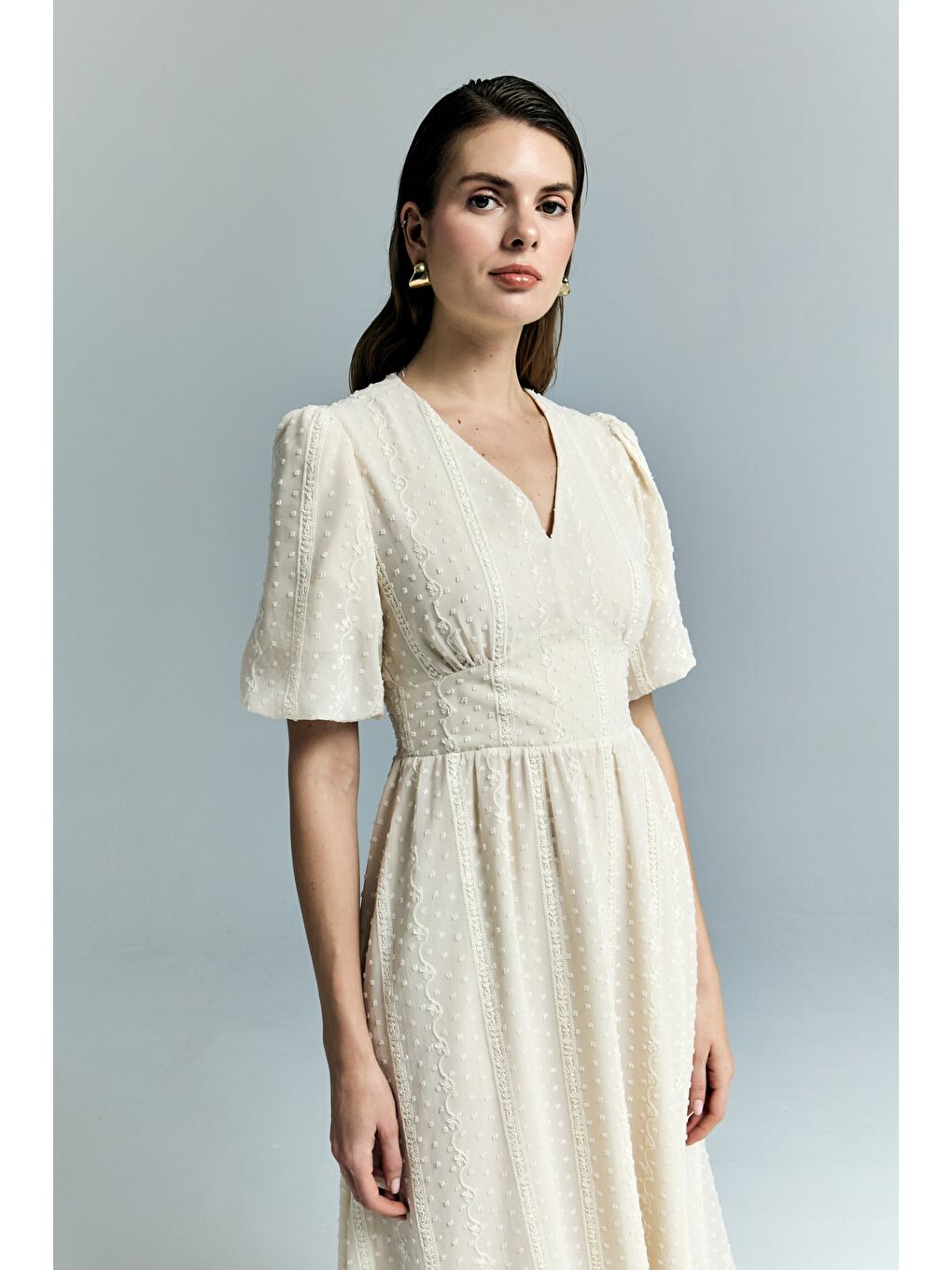 Kabarık Kollu Uzun Elbise - Bej-5