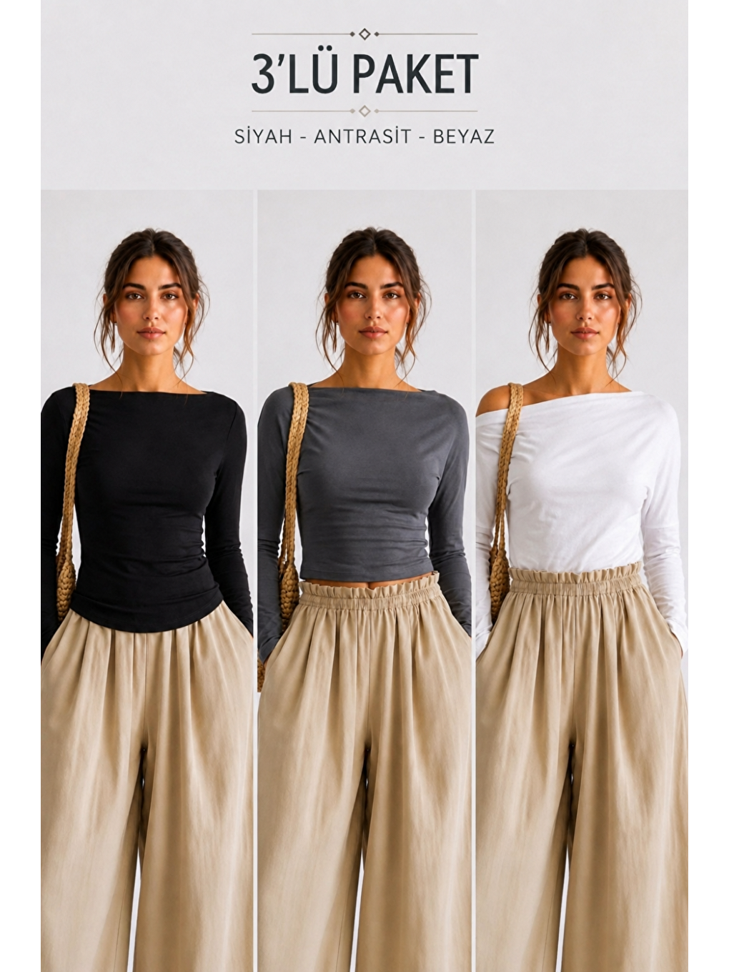 Bordo Kadın Casual Pamuklu Uzun Kol 3 Lü Bluz