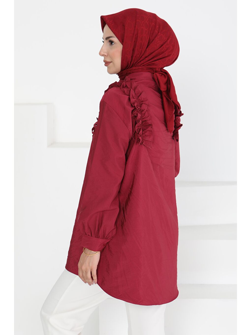 Fırfır Detaylı Tunik Bordo - 27274-3