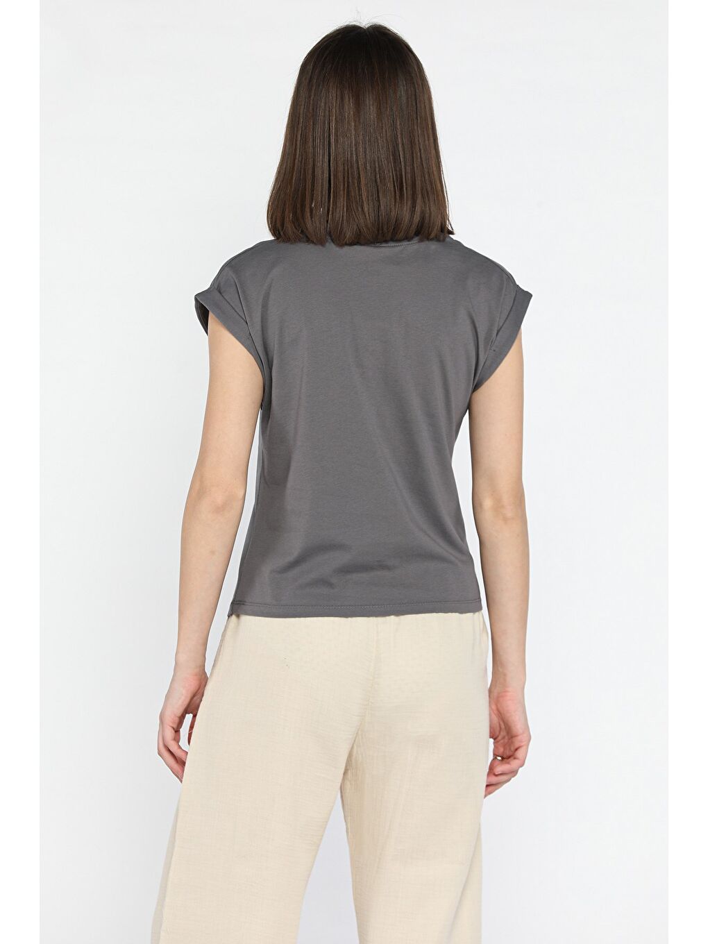 Gri Kadın Kabartma Yazı Baskılı Japone Kol Tişört-2