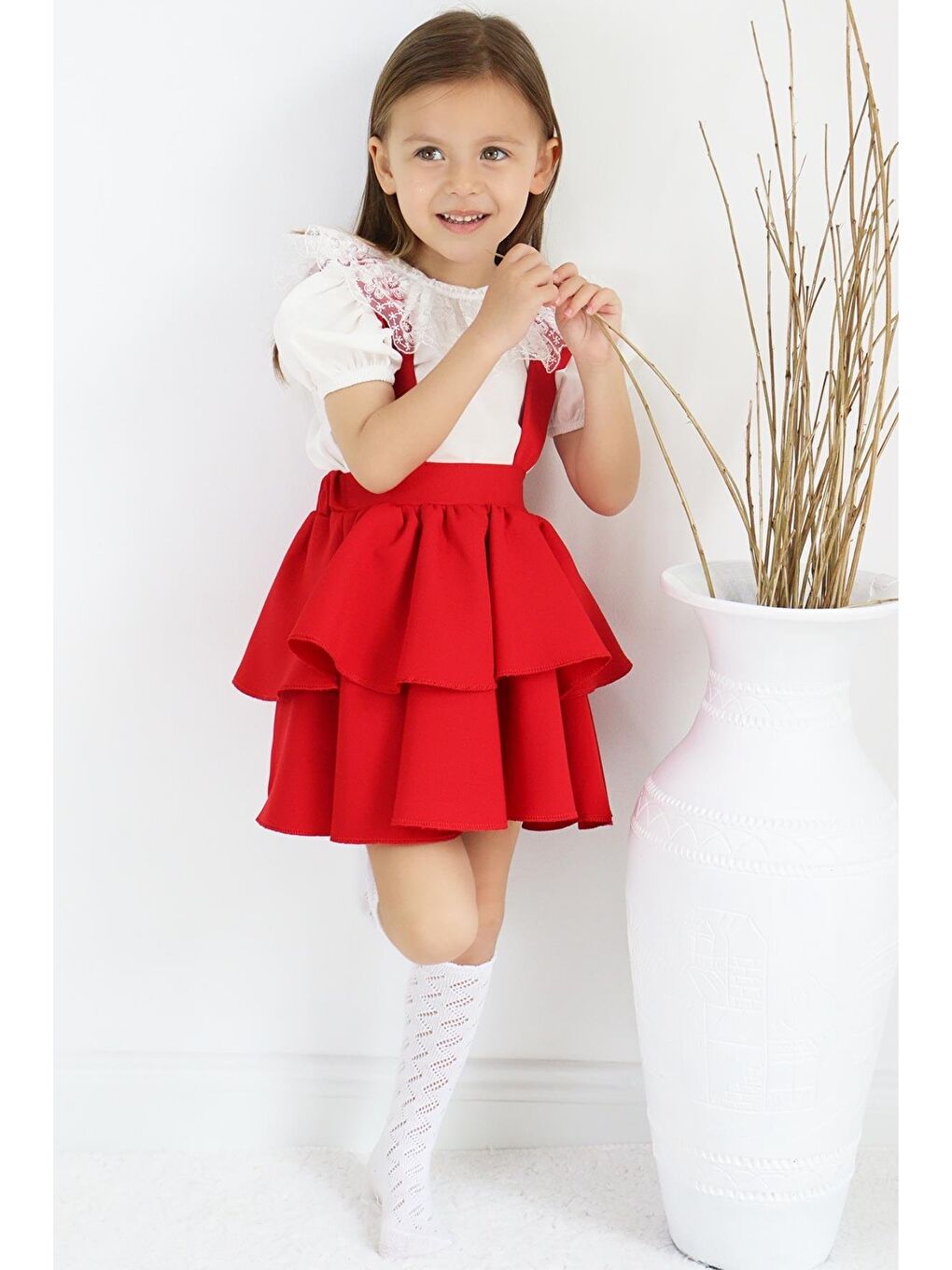 Kız Çocuk Helen Kırmızı Askılı Bağlama Jile 29 Ekim Elbise Ekru Dantel Kısa Kollu Bluz Abiye Takım-1