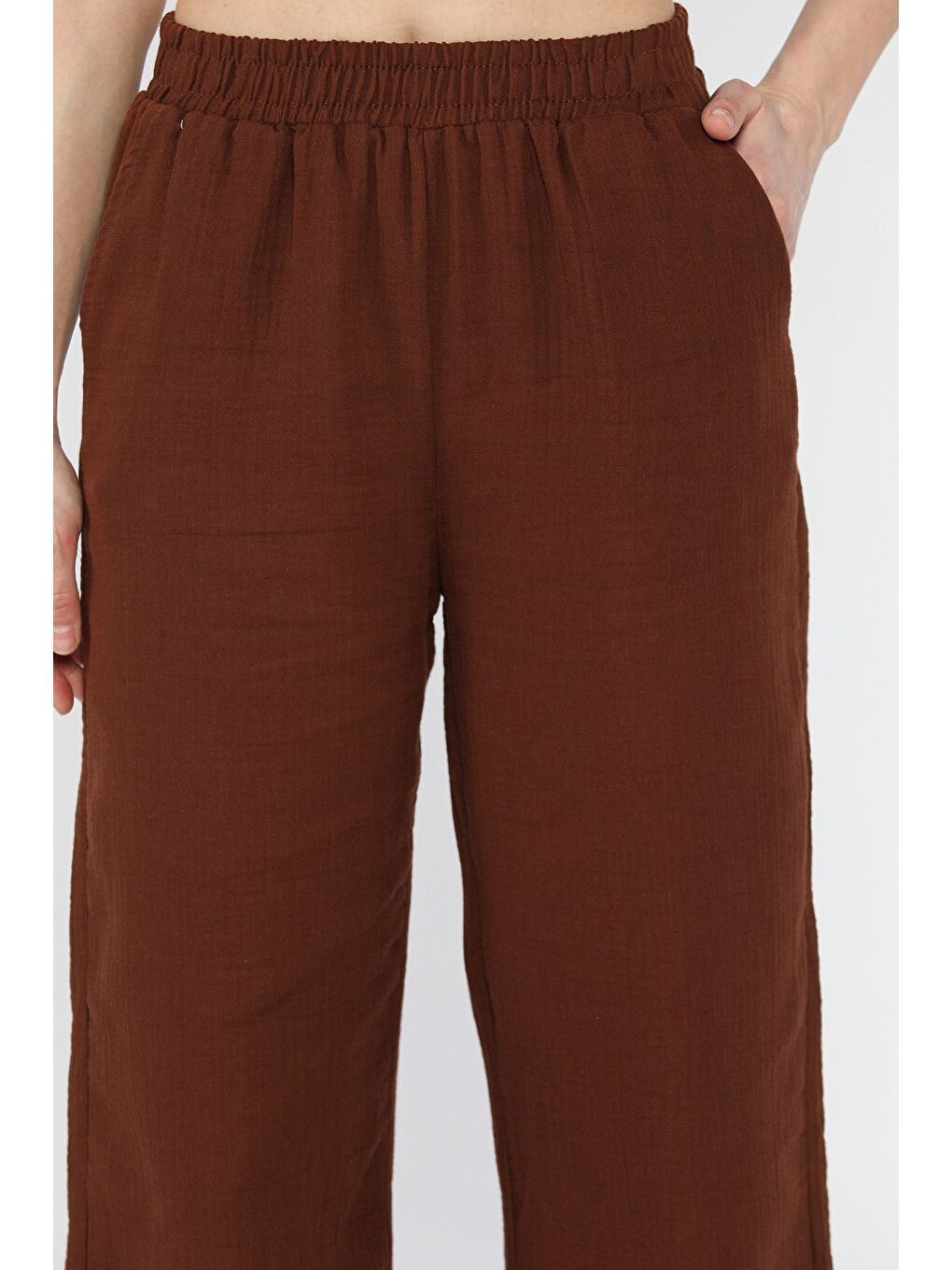 Kahverengi Kadın Bel Lastikli Palazzo Pantolon-3