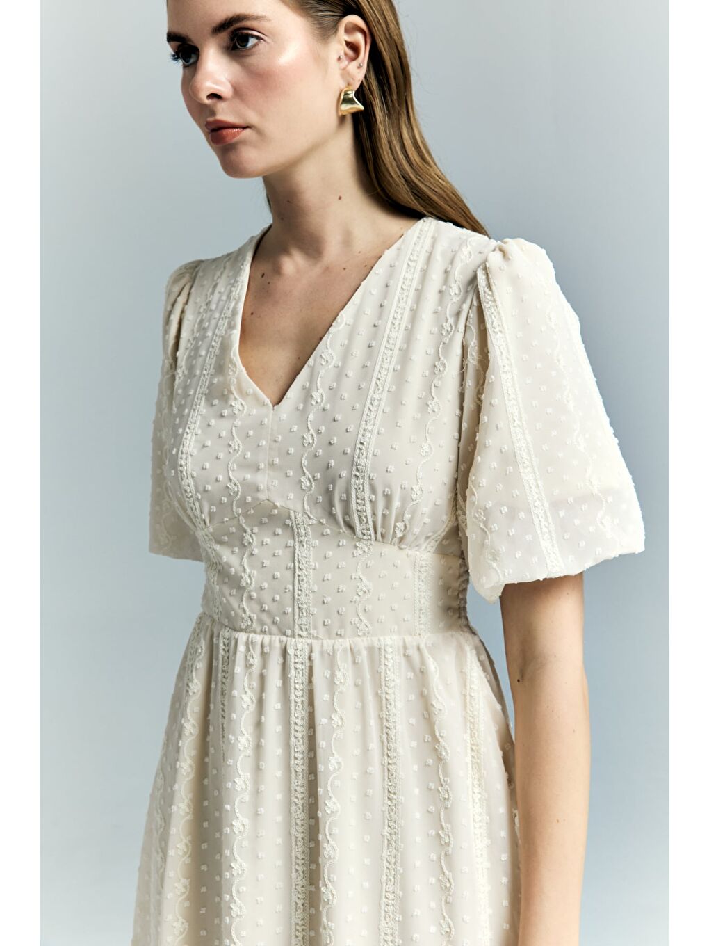 Kabarık Kollu Uzun Elbise - Bej-6