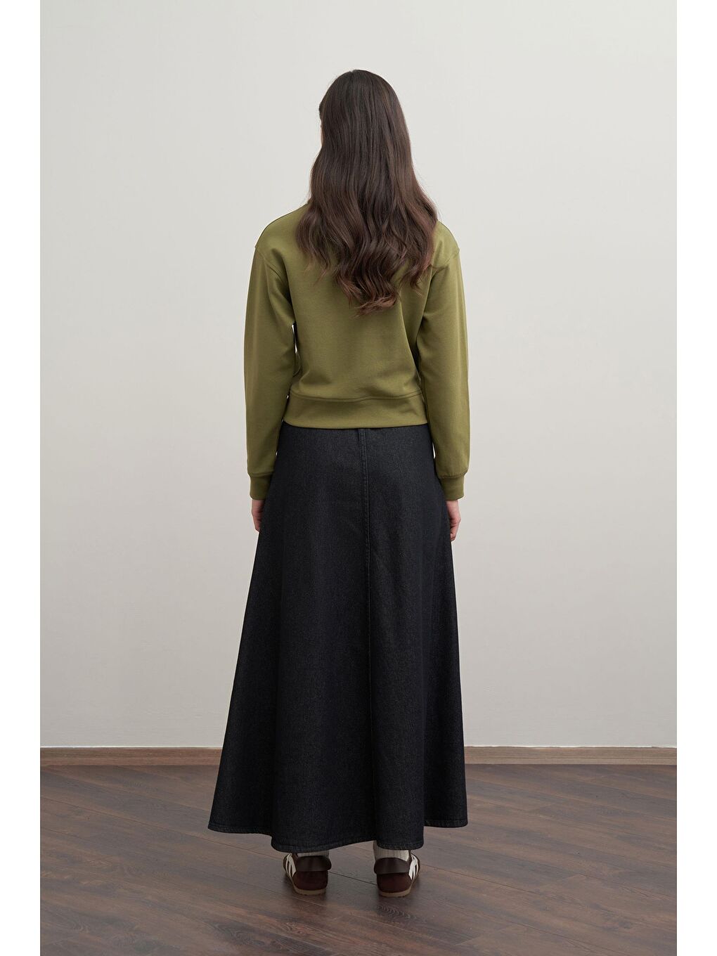 Antrasit-Kuşaklı Kloş Denim Etek-2