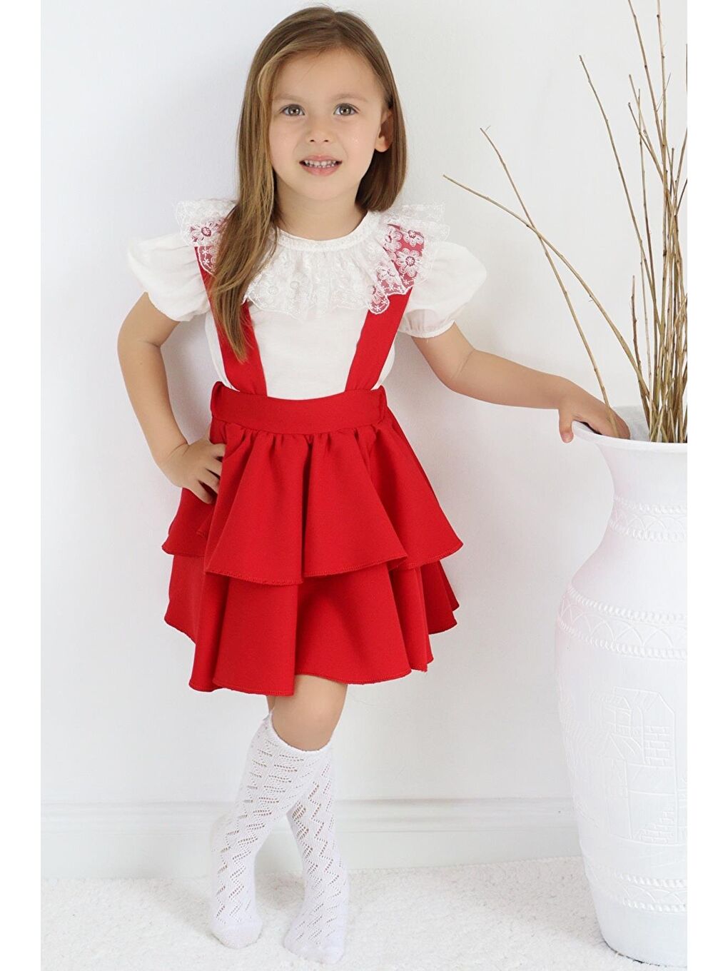 Kız Çocuk Helen Kırmızı Askılı Bağlama Jile 29 Ekim Elbise Ekru Dantel Kısa Kollu Bluz Abiye Takım-2