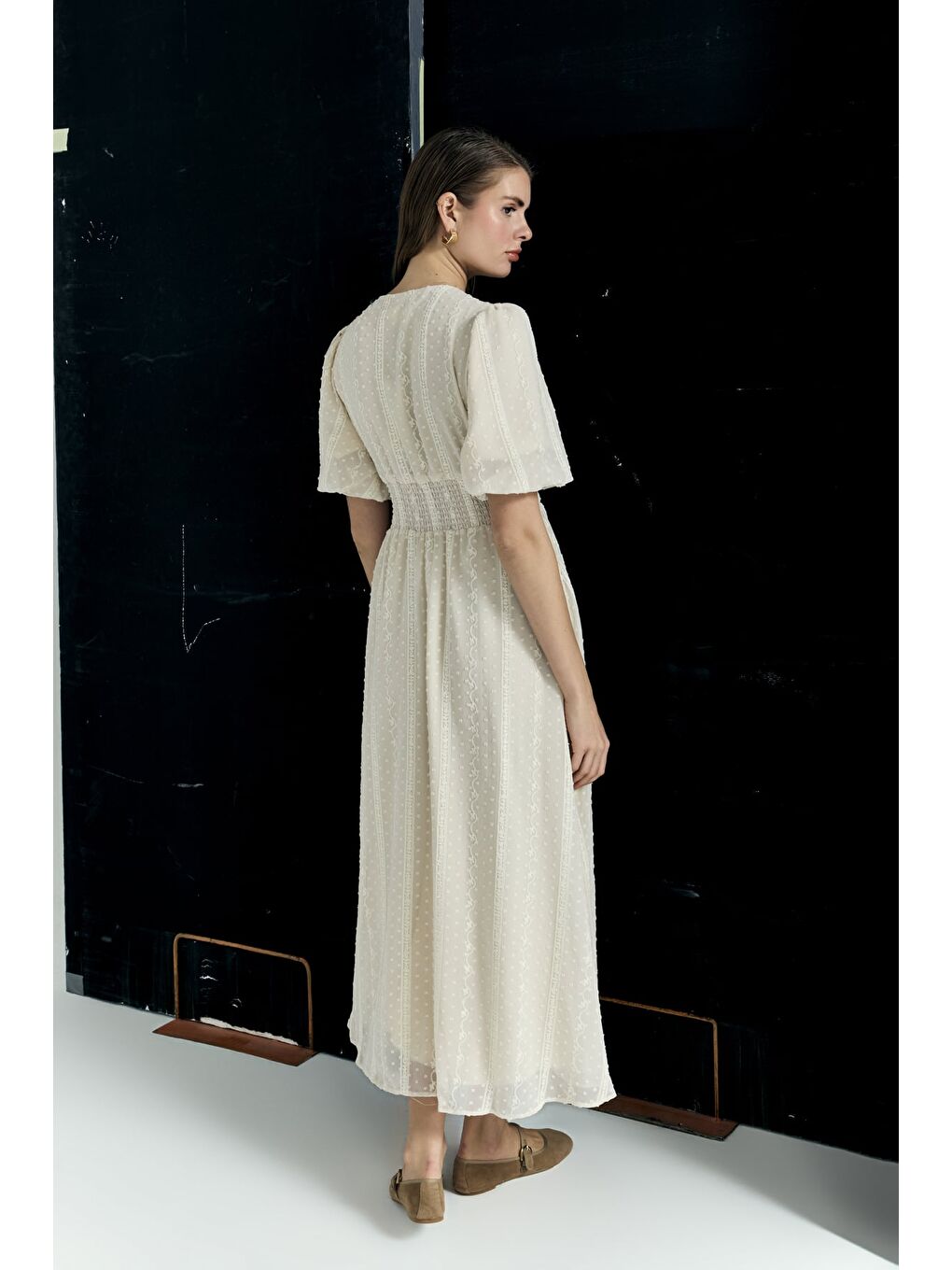 Kabarık Kollu Uzun Elbise - Bej-7