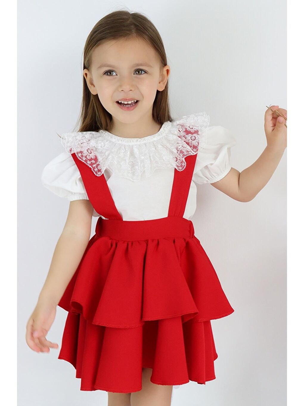 Kız Çocuk Helen Kırmızı Askılı Bağlama Jile 29 Ekim Elbise Ekru Dantel Kısa Kollu Bluz Abiye Takım-4
