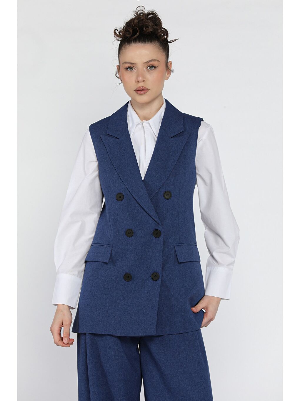 Lacivert Kadın Kruvaze Yaka Astarlı Yelek