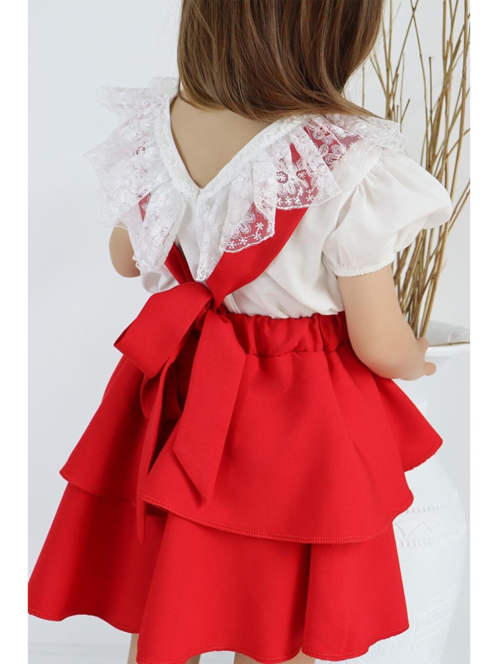 Kız Çocuk Helen Kırmızı Askılı Bağlama Jile 29 Ekim Elbise Ekru Dantel Kısa Kollu Bluz Abiye Takım-5