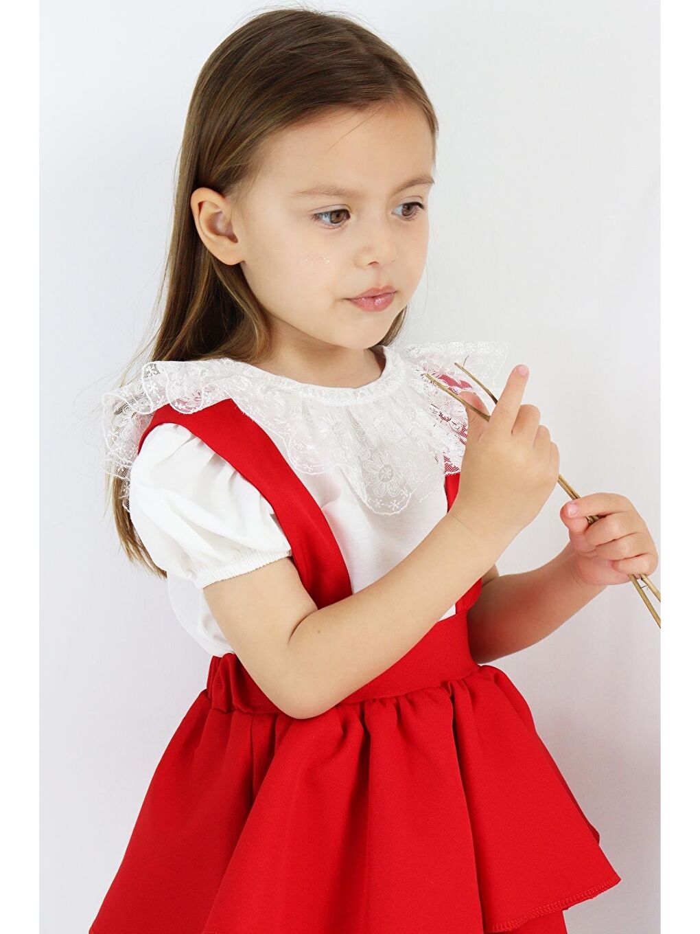 Kız Çocuk Helen Kırmızı Askılı Bağlama Jile 29 Ekim Elbise Ekru Dantel Kısa Kollu Bluz Abiye Takım-6
