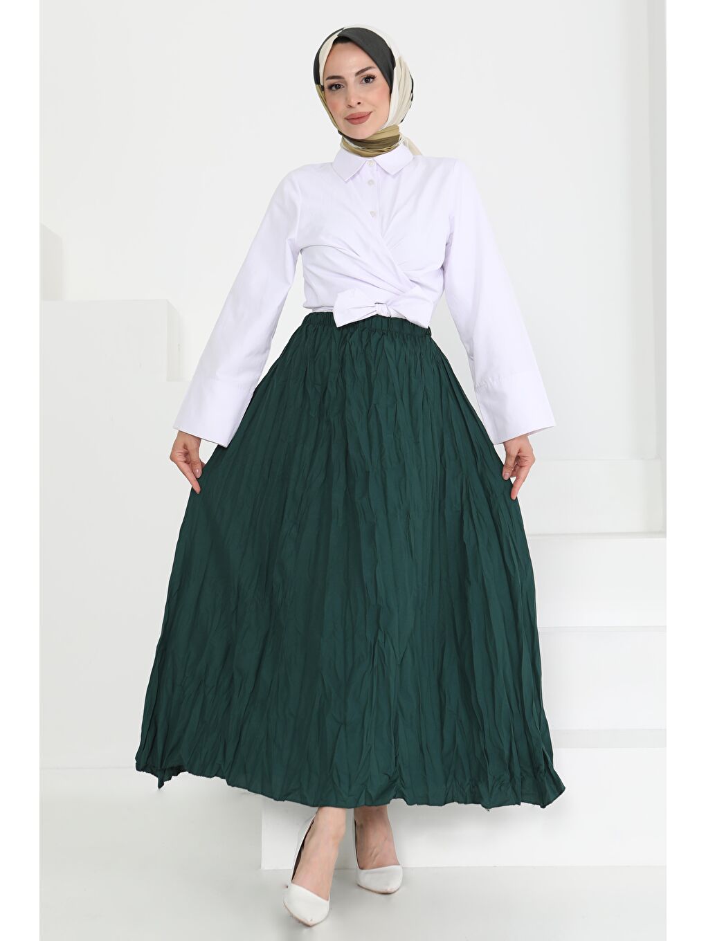 Yeşil Beli Lastikli Kırışık Etek Zümrüt - 27013-1