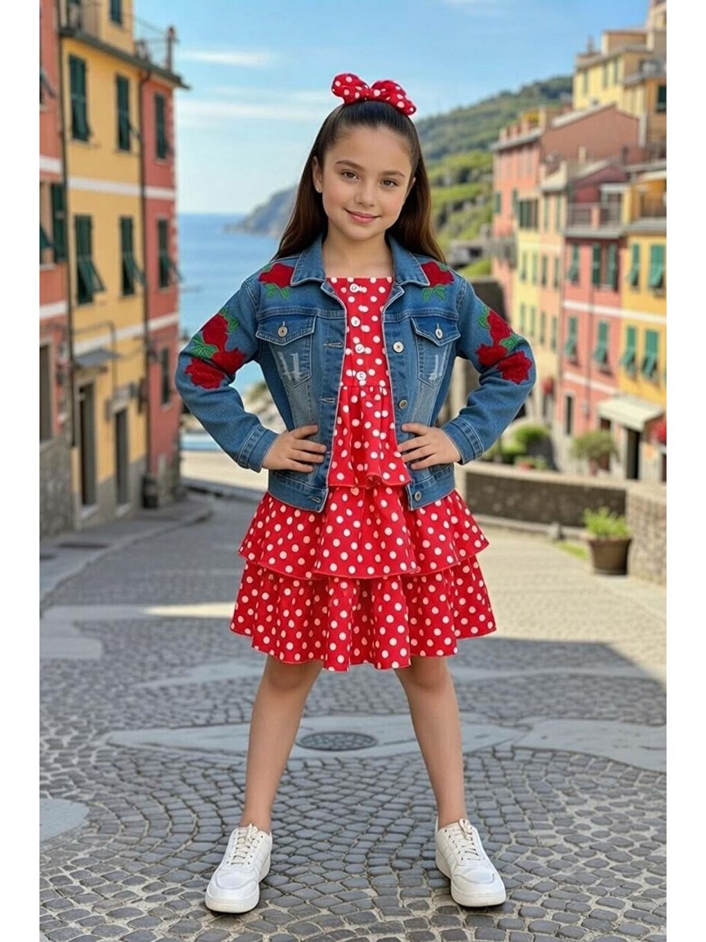 Kız Çocuk Kare Yaka Üzeri Benekli Jean Ceketli Pileli Kırmızı Elbise