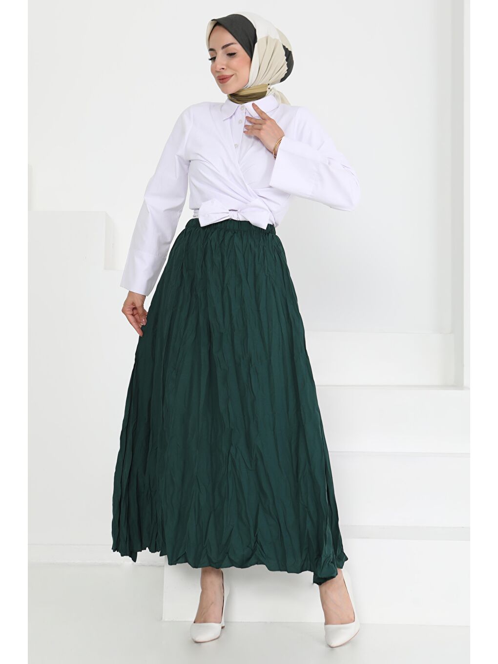 Yeşil Beli Lastikli Kırışık Etek Zümrüt - 27013-2