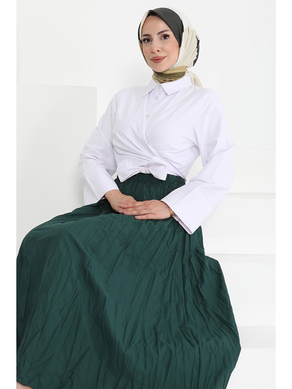 Yeşil Beli Lastikli Kırışık Etek Zümrüt - 27013-3