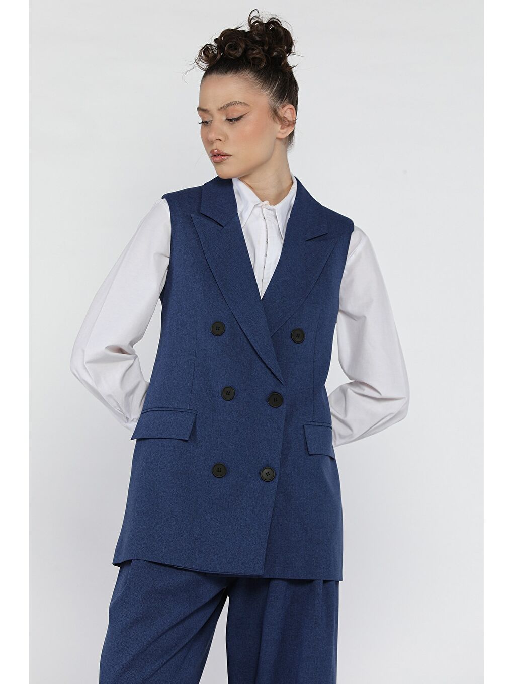 Lacivert Kadın Kruvaze Yaka Astarlı Yelek-1