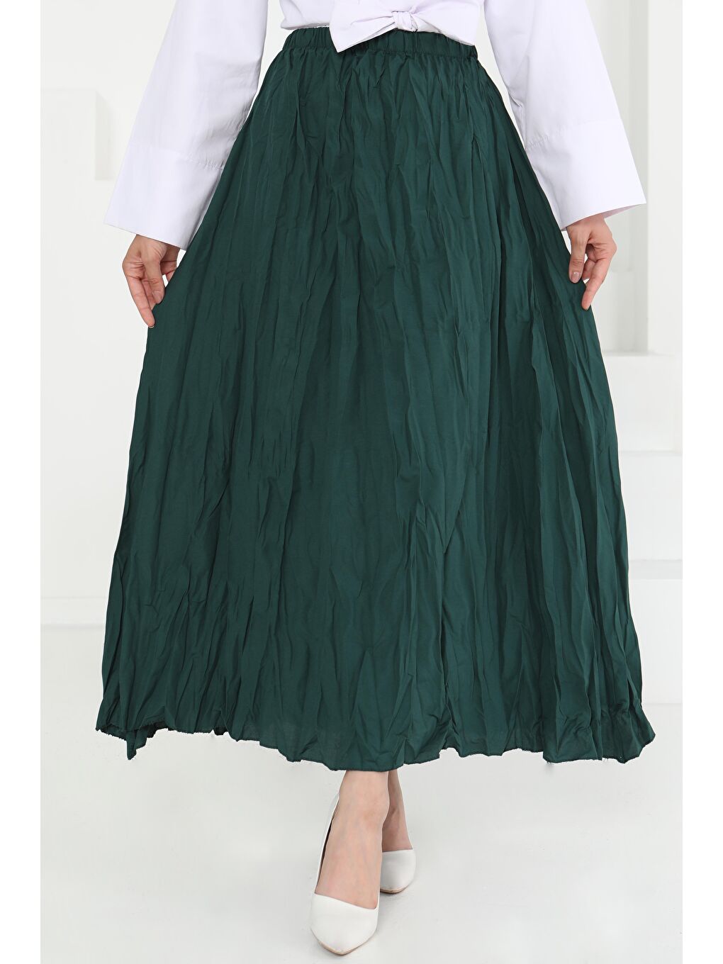 Yeşil Beli Lastikli Kırışık Etek Zümrüt - 27013-4