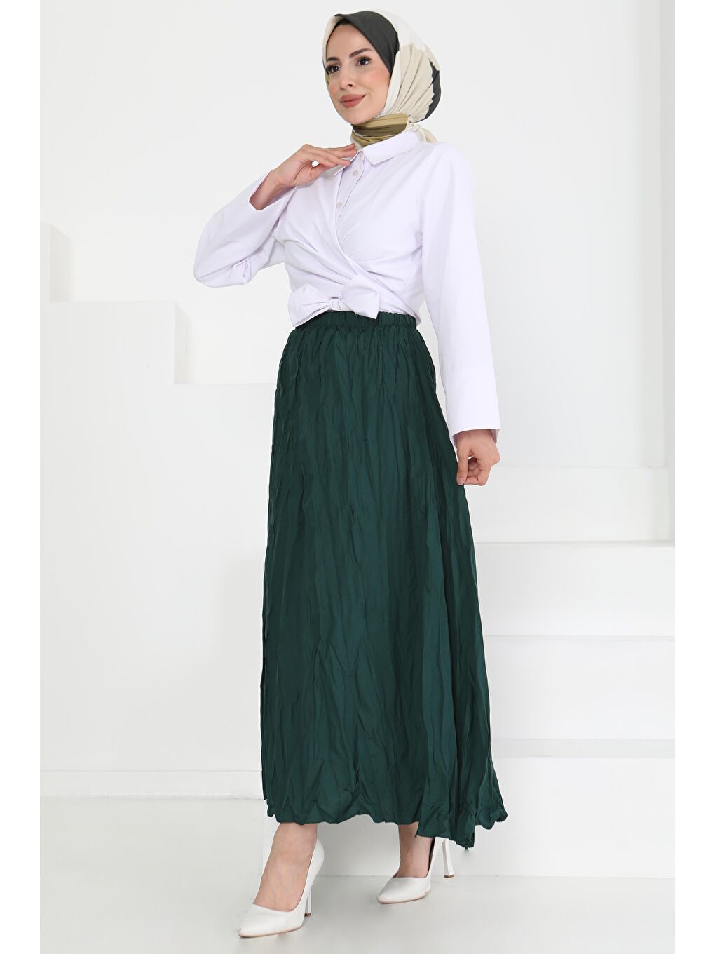 Yeşil Beli Lastikli Kırışık Etek Zümrüt - 27013-5