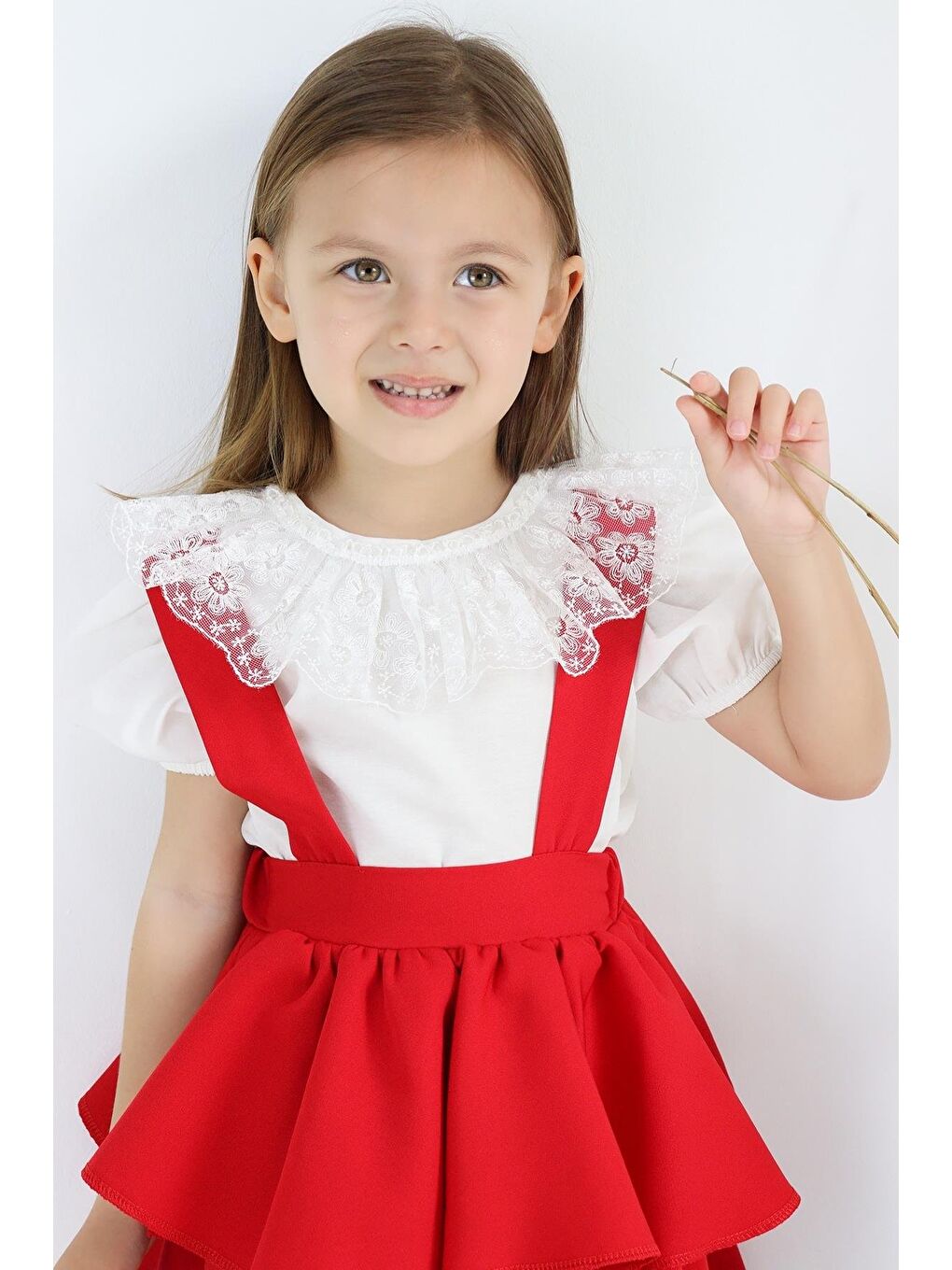 Kız Çocuk Helen Kırmızı Askılı Bağlama Jile 29 Ekim Elbise Ekru Dantel Kısa Kollu Bluz Abiye Takım-7