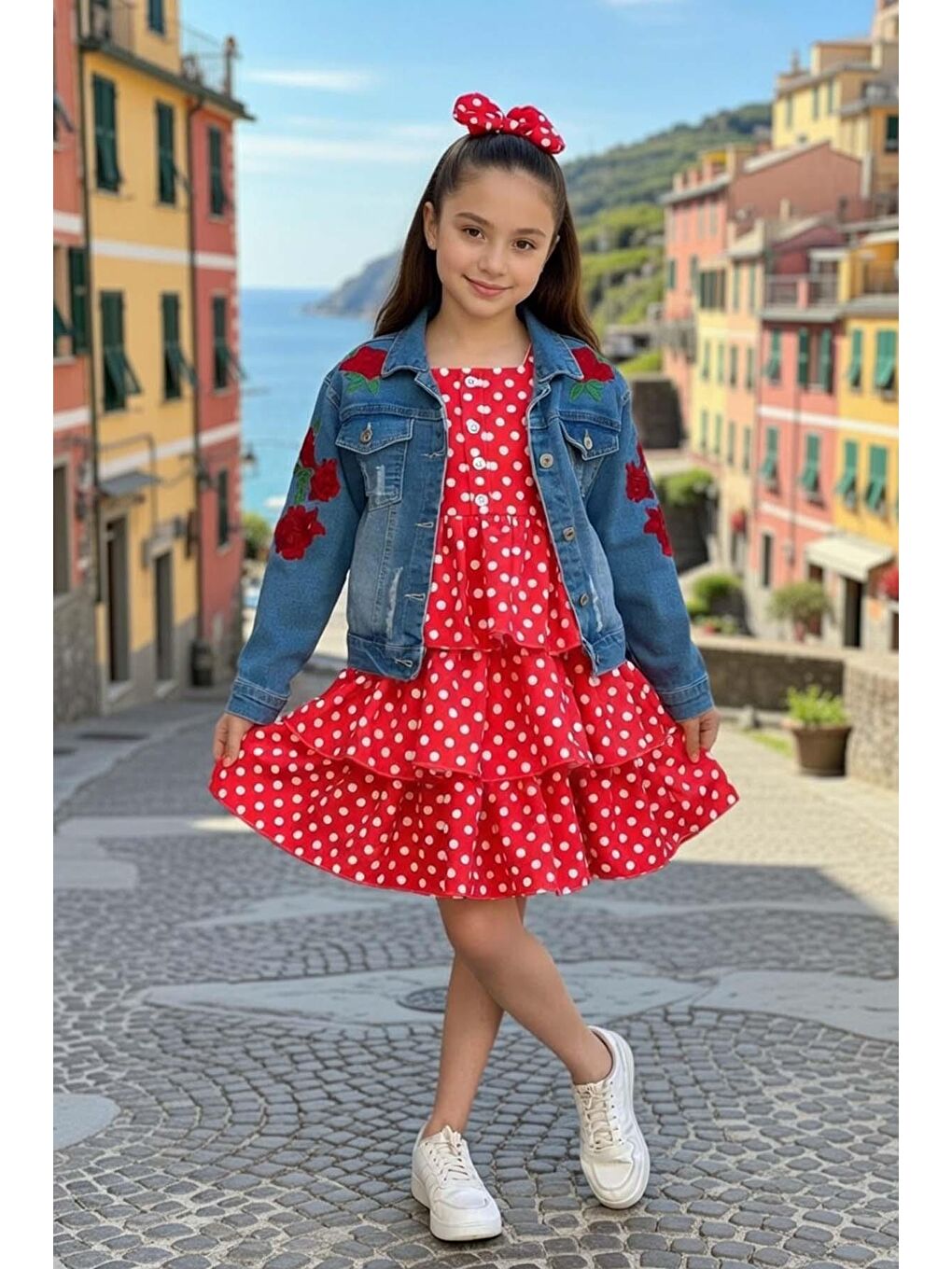 Kız Çocuk Kare Yaka Üzeri Benekli Jean Ceketli Pileli Kırmızı Elbise-1