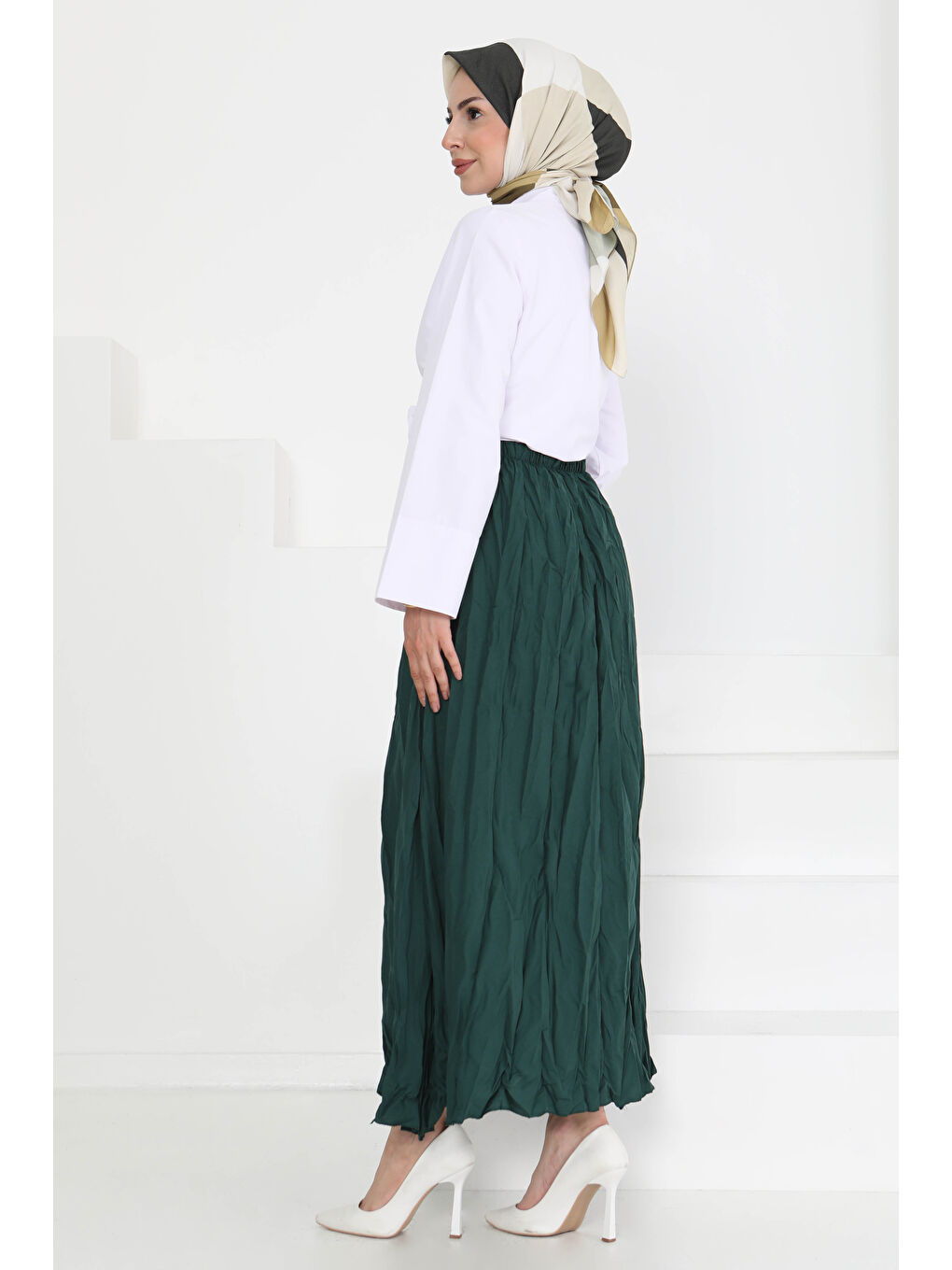Yeşil Beli Lastikli Kırışık Etek Zümrüt - 27013-6