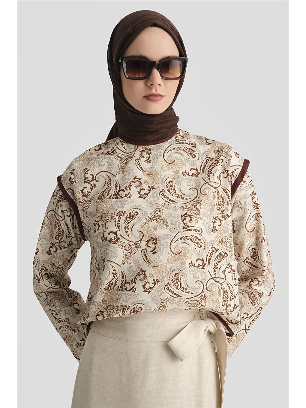 Etnik Desenli Bluz 25Y3744 Kahverengi-2