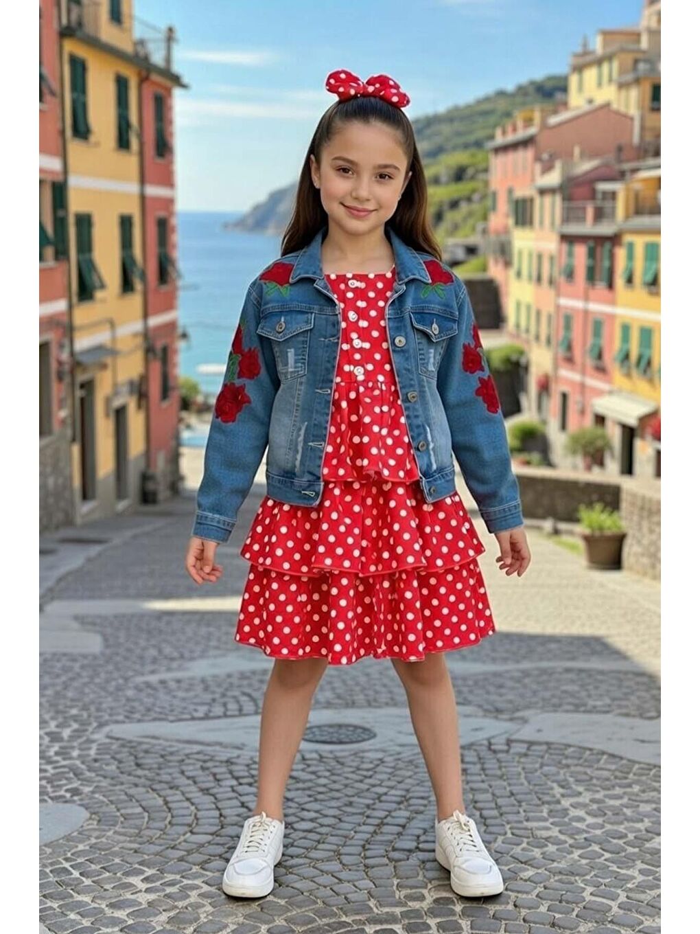 Kız Çocuk Kare Yaka Üzeri Benekli Jean Ceketli Pileli Kırmızı Elbise-2