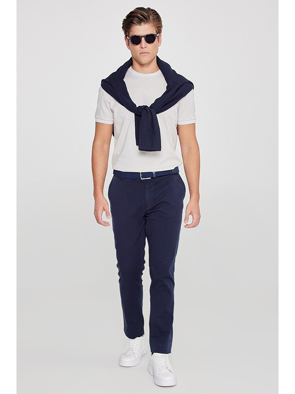 Erkek Lacivert Pamuklu Slim Fit Dar Kesim Yan Cepli Esnek Chino Pantolon