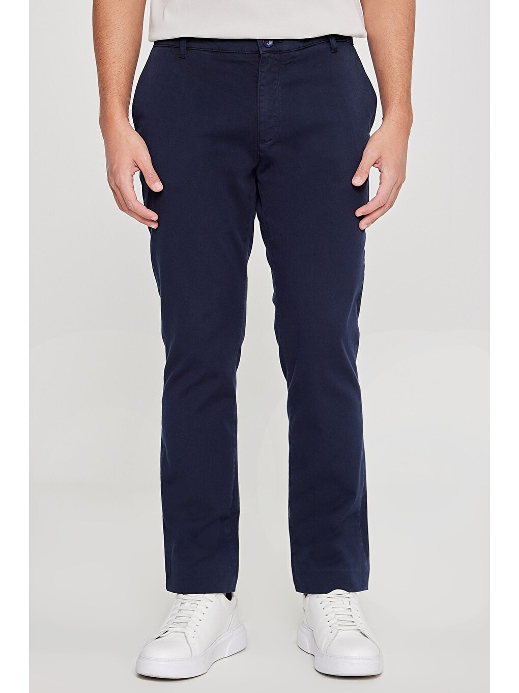 Erkek Lacivert Pamuklu Slim Fit Dar Kesim Yan Cepli Esnek Chino Pantolon-1