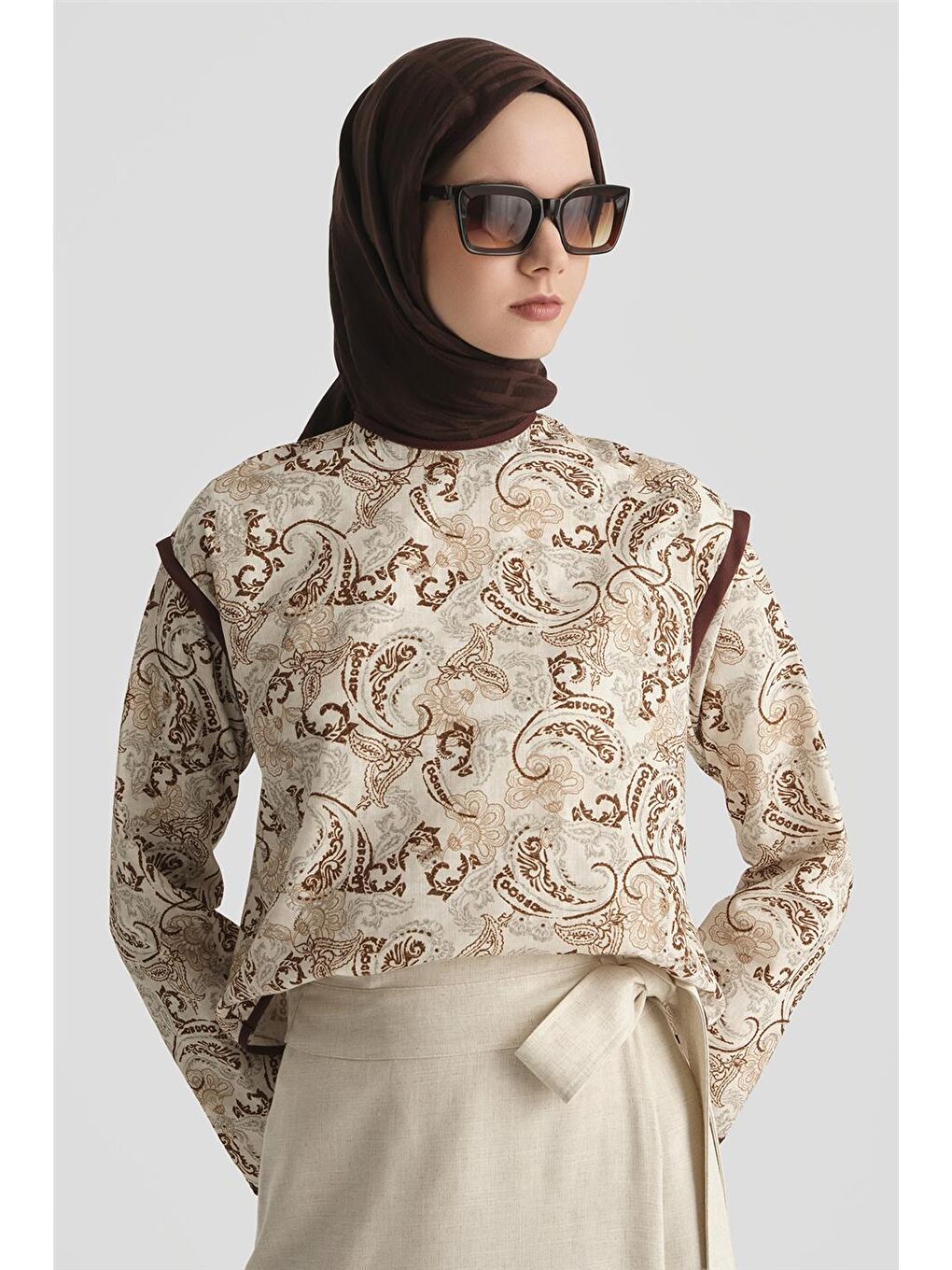 Etnik Desenli Bluz 25Y3744 Kahverengi-3