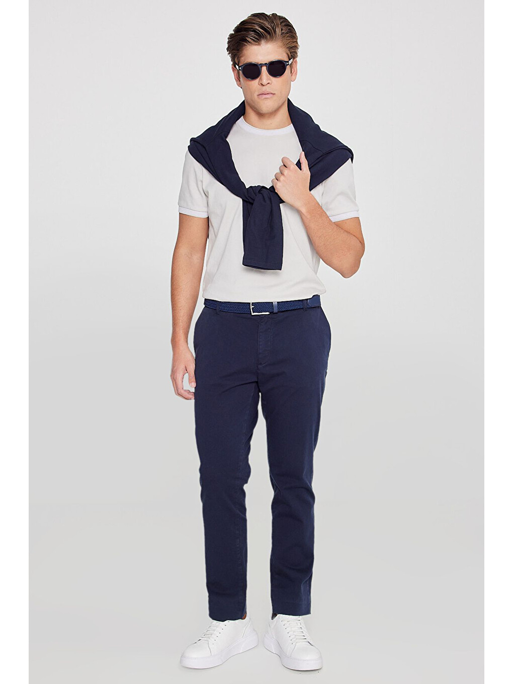 Erkek Lacivert Pamuklu Slim Fit Dar Kesim Yan Cepli Esnek Chino Pantolon-2