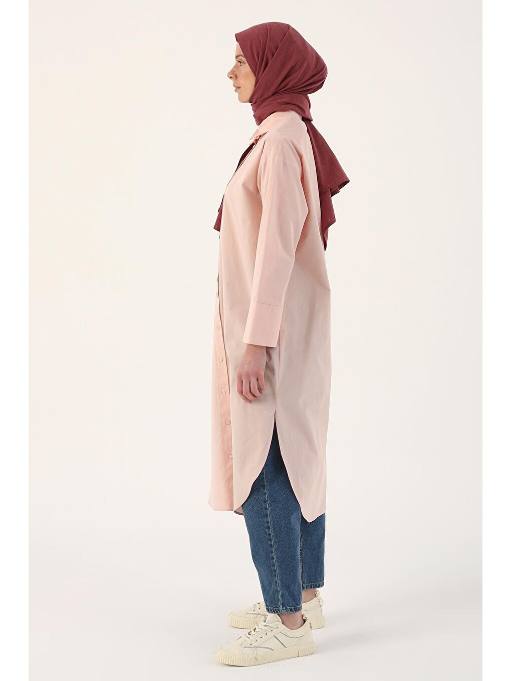 Pembe Pudra %100 Pamuk Yırtmaçlı Uzun Gömlek Tunik-2