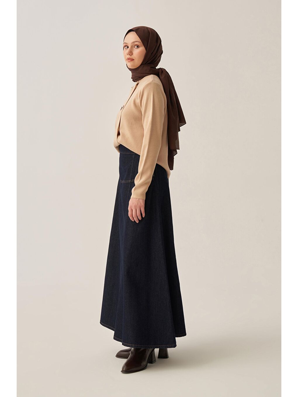 Koyu Mavi-Denim Kloş Etek-1