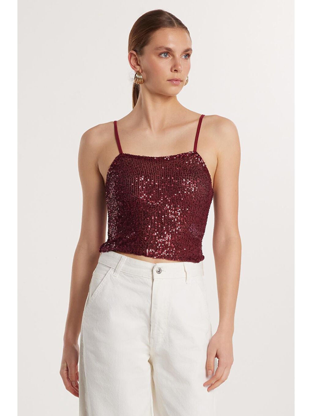 Kadın Slim Fit Dar Kesim Bordo Sıfır Kol U Yaka Bluz-1