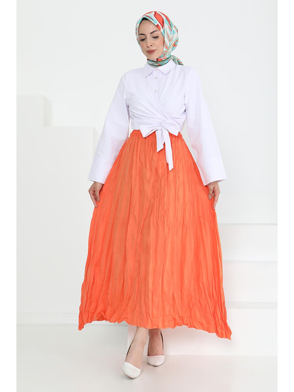 Turuncu Beli Lastikli Kırışık Etek Oranj - 27013