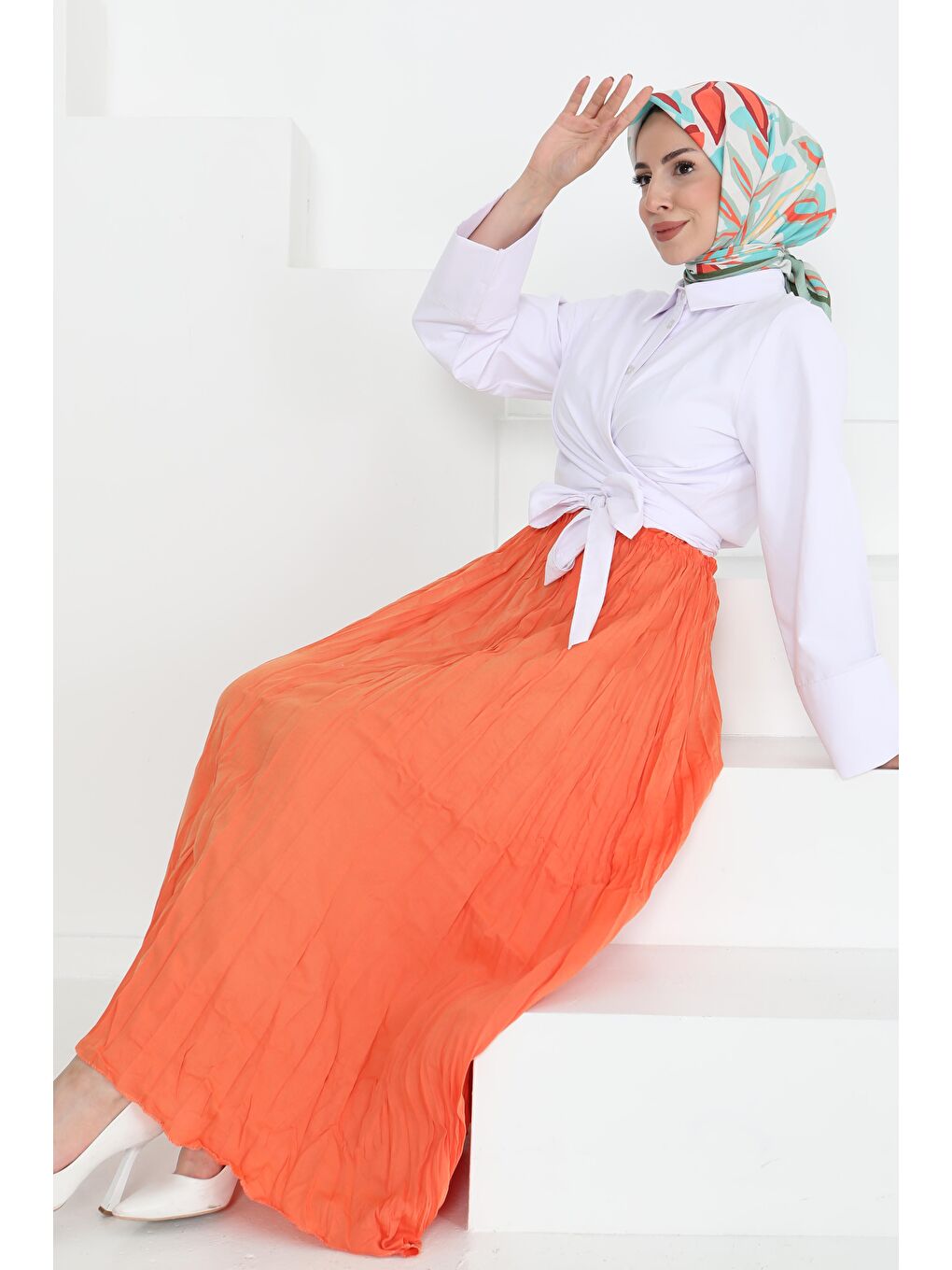 Turuncu Beli Lastikli Kırışık Etek Oranj - 27013-1