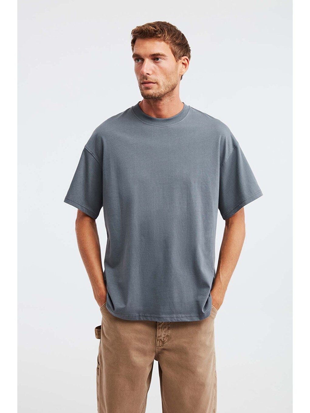 Jett Erkek Oversize Fit %100 Organik Pamuk Kalın Dokulu Bisiklet Yakalı Açık Gri T-shirt-2