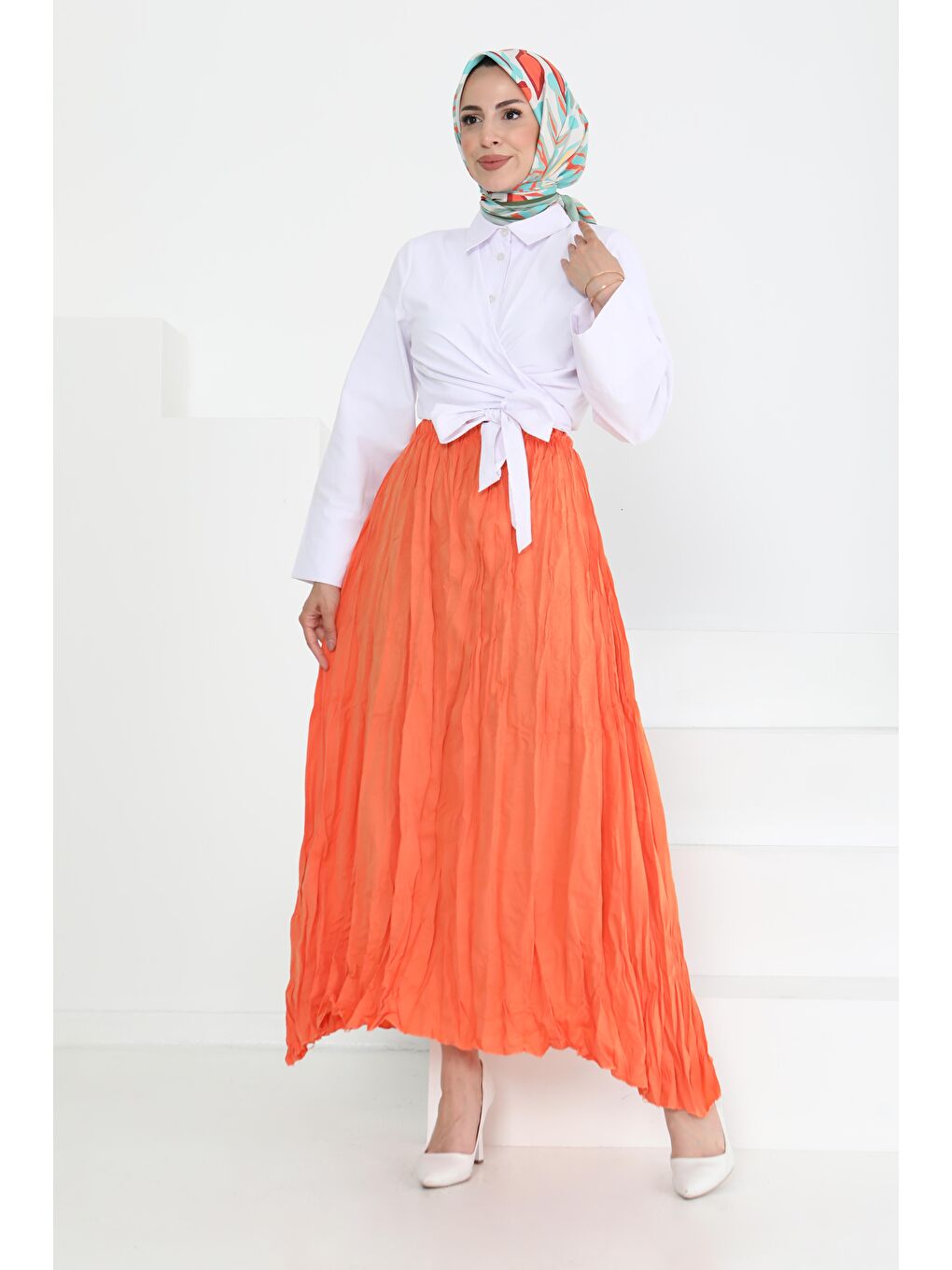 Turuncu Beli Lastikli Kırışık Etek Oranj - 27013-2