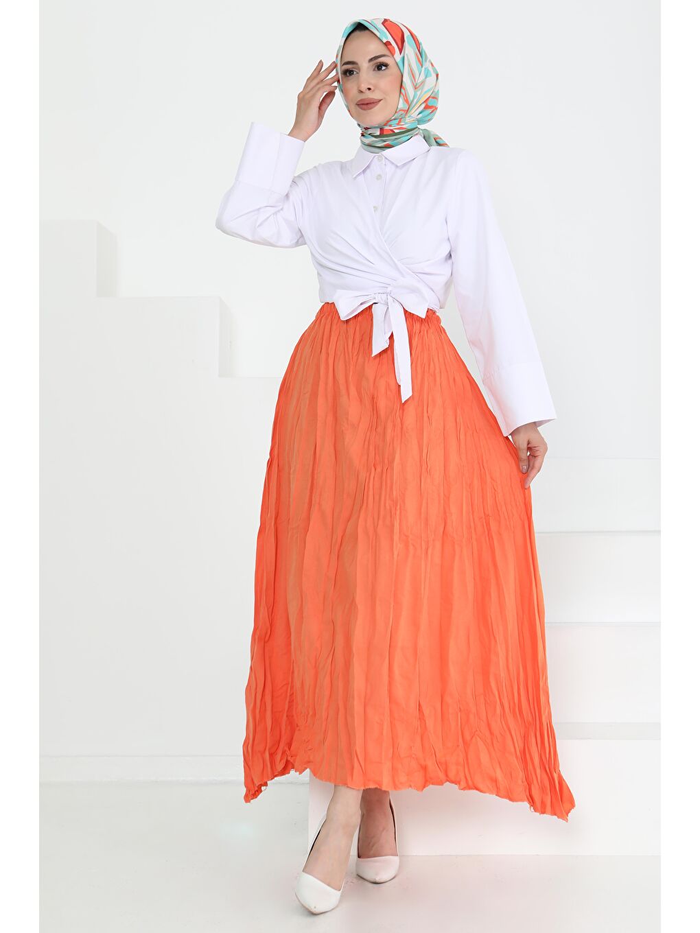 Turuncu Beli Lastikli Kırışık Etek Oranj - 27013-3