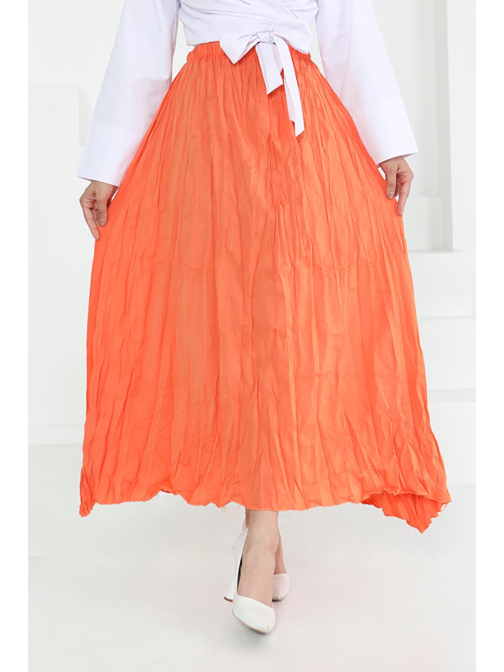 Turuncu Beli Lastikli Kırışık Etek Oranj - 27013-4